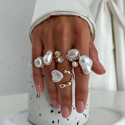 Chunky Gold Pearl Rings for Women Vintage Baroque Pearl Rings Set Open Stacking Pearls Ring Set Irregular Geometric Pearls Ring Boho Prom Costumes Fashion Jewelry Accessories - style: 4PCS B
