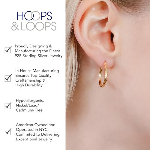 Hoops & Loops 925 Sterling Silver Diamond-Cut Hoop Earrings for Women, 2mm Textured Lightweight Click Top Hoops, 15mm 20mm 25mm 30mm, Silver 14k Yellow Gold & Rose Gold Flash Plated - color: Gold - 20mm (0.78'')