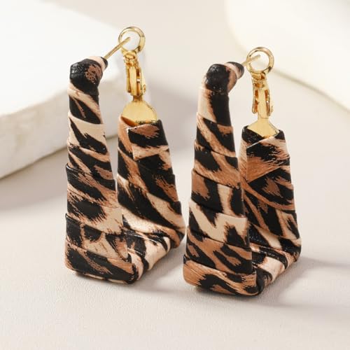 Chunky Leopard Leather Earrings Bohemia Camouflage Leather Dangle Earrings Chunky Rectangle Black White Zebra Print Earring Handmade Vintage Faux Leathers Statement Earring Boho Style Jewelry - color: Brown
