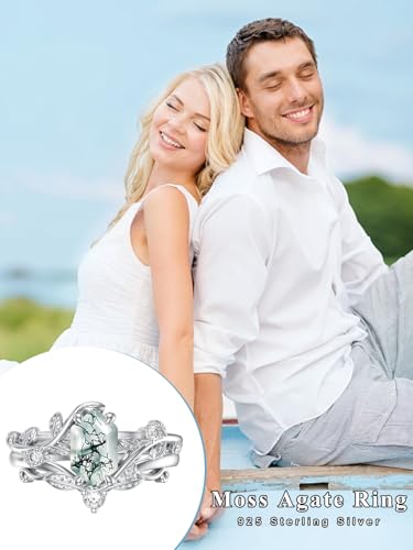 Natural Moss Agate Ring for Women 925 Sterling Silver Pear/Oval/Kite/Heart/Hexagon/Emerald/Coffin Cut Green Leaf Moss Agate Engagement Ring Promise Bridal Set Anniversary Birthday Jewelry Gifts - color: Long Hexagon Cut Moss Agate