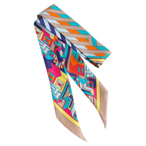 JERLA 100% Mulberry silk Scarf bag scarf Head Hair Ribbon Handbag Handle wrap Tie Bundle Neckerchief Scarf for women - color: Geometric Pattern Beige