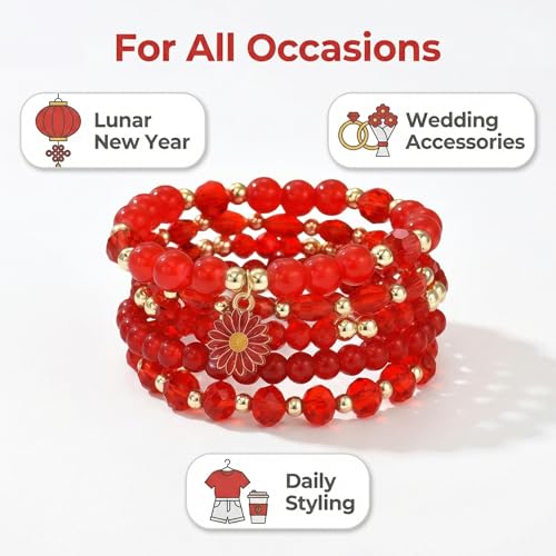 LOTSOF Boho Flower Beaded Bracelet Set for Women - Multilayer Crystal & Flower Charm Stackable Bracelets, Fashion Jewelry Gift for Her - color: Red