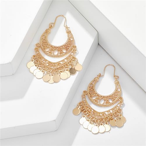 Boho Antique Carved Flower Dangle Drop Earrings for Women Vintage Retro Handmade Hollowed Antiqued Bronze Floral Shaped Geometric Gold Silver Plated Hoop Earrings for Ethnic Style Jewelry Gifts - color: Gold coin hoop earrings