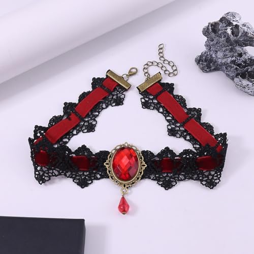 Gothic Vampire Choker Necklace for Women Adjustable Vintage Victorian Mystery Pirate Witchy Jewelry Emo Punk Black Lace Choker Costume - color: red