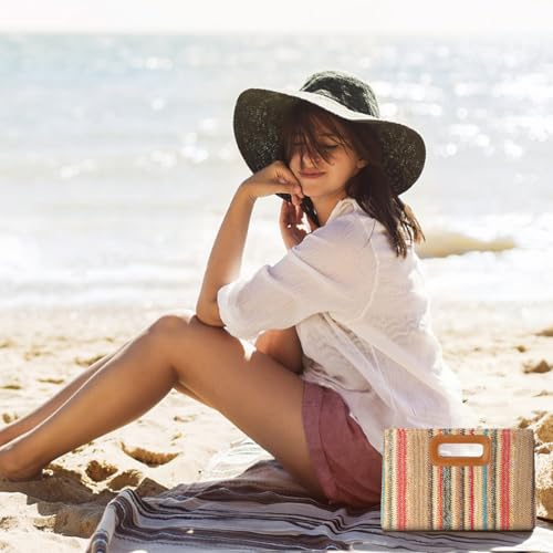 Beach Clutch Bag Straw Summer Clutch Purses for Women Handmade Woven Purse Detachable Gold Chain, Crossbody - color: Mix