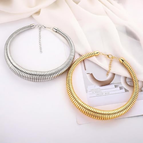 Chunky Chain Necklaces Women Statement Collar Necklace Gold Flat Snake Chain Choker Ribbed Design for Party, Dress Jewelry Gifts - color: A3