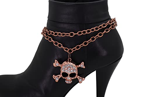 Women’s Rose Gold Boot Anklet Chain Bracelets, 2 Pcs Pair, Rhinestone Skull Charm Boot Jewelry, Adjustable 11–15 In, Handmade In USA, BC163