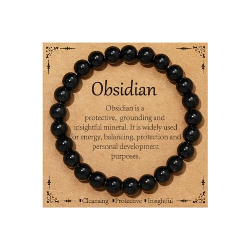 Gnamy Healing Crystal Bracelet for Women, Natural Stone Beaded Healing Crystal Bracelet Triple Protection Stress Relief Beads Jewelry Birthday Gifts Jewelry for Her - style: Black Obsidian