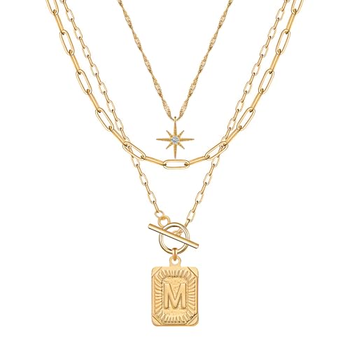 Paxuan Dainty Gold 3-Layer Personalized Initial Necklace for Women - 18K Gold Layered Letter Pendant Necklace Adjustble Paperclip Chain Choker Necklace Jewelry Gifts with Star Charm - style: Letter M