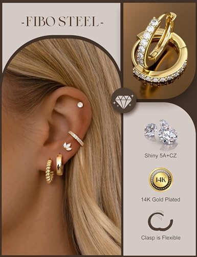 Hypoallergenic Flat Back Earrings Stacks for Women - Surgical Steel Studs Small Hoop Flatback Stud Cartilage Earring Sets for Multiple Piercing Jewelry 14K Gold/Silver Plated 9Pairs