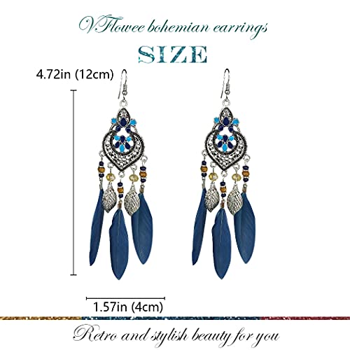 Bohemian Earrings Feather Tassel Silver Ethnic Retro Boho Dangle Earring Bead Women Jewelry for Birthday Party Gifts (Blue) - color: Blue