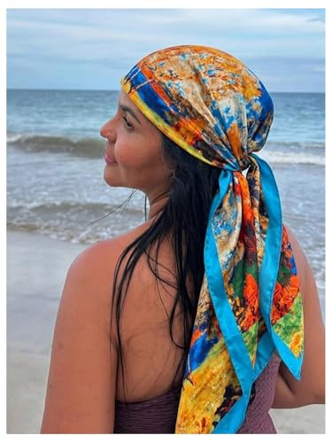 SweatyRocks Women's Printed Satin Hair Scarf Neckerchief Square Scarf Bandanas Head Wraps - color: Teal Blue