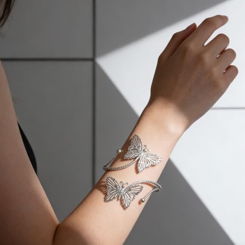 Upper Arm Cuff for Women, Simple Sexy Harness Armlet Bracelet with Crystal Adjustable Upper Arm Chain Bangle Arm Band for Women - color: Silver Butterfly