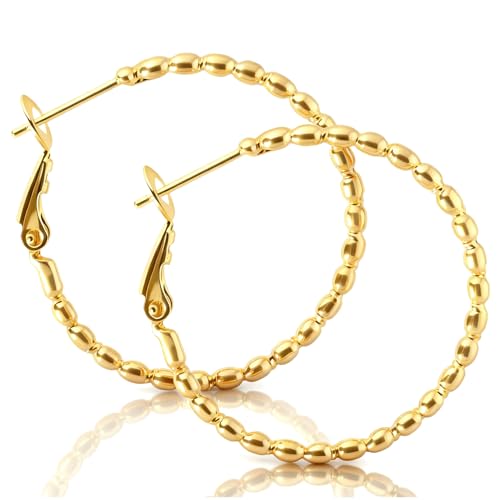 ToHeart Gold Silver Beaded Hoop Earrings with Delicate Textures Elegant Daily Wear Birthday Gift - style: Gold