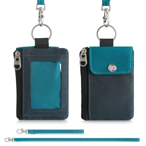 Artpaxy Minimalist Wallet For Mens Womens, Keychain RFID Blocking Zipper Small Wallet with ID Window 2 Lanyards,Water Resistant Travel Cash Card Coin Case Boys Girls - color: Dark grey+Blue green, style: Casual