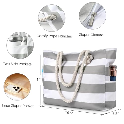 Clothirily Beach Bag for Women - Large Beach Tote Bag, Waterproof Sandproof Beach Bag with Zipper, Large Swim Pool Beach Tote - color: Grey