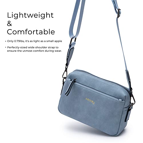 Alldaily Small Triple Zip Crossbody Purse for Women, Vegan Leather Phone Bag with Wide Shoulder Strap - color: Blue