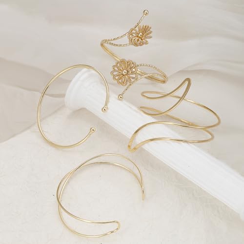 YVVLEE 4PCS Gold Silver Arm Cuff Jewelry for Women Upper Arm Cuff Bangle Band Armlet Adjustable Minimalist Coil Arm Armband Set - color: B