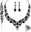 Paxuan Crystal Bridal Wedding Jewelry Sets for Women Rhinestone Teardrop Crystal Statement Choker Necklace Drop Earrings Link Bracelets Rings Teardrop Jewelry Set for Brides Bridesmaids - color: Black