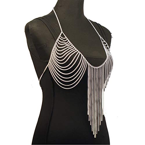 Chran Summer Beach Bra Top Chain Sexy Bikini Accessories Body Chains for Women Golden Necklace Party Jewelry - style: silver