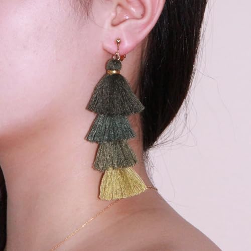 Clip on Earrings, Lightweight Colorful Layered Tassel Bohemian Statement Tiered Big Dangle Drop Earrings for Women, Non Pierced, Boho Jewelry - color: Dark Green