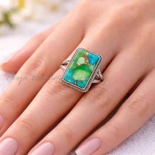 Multi Turquoise Gemstone Rectangle Ring for Women, 925 Sterling Silver Handmade Statement Rings, Boho Vintage Jewelry