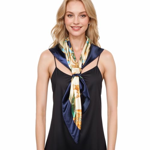 RIIQIICHY Head Scarf for Women Like Silk Scarf Hair Scarf Printed Square Scarf Bandanas for Women 35 Inches - color: Navy/Yellow/Gold/Green/Blue