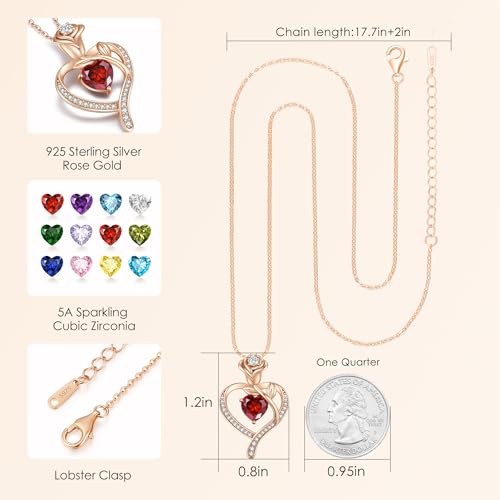 LOUISA SECRET Rose Flower Heart Birthstone Necklaces for Women, 925 Sterling Silver Jewelry, Pendant Heart Necklaces Birthday Anniversary Christmas Gift for Women Wife Mom Girlfriend Lady - color: Rose Gold-01/07-Jan/Jul