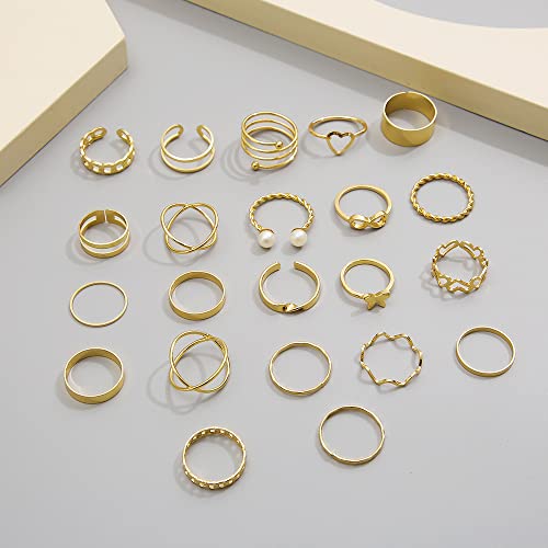 Knuckle Stackable Black Rings for Women Black Stacking Ring Set Vintage Boho Ring Set Butterfly Heart Pearl Rhinestone Stackable Statement Rings for Women - color: 22PCS gold 2
