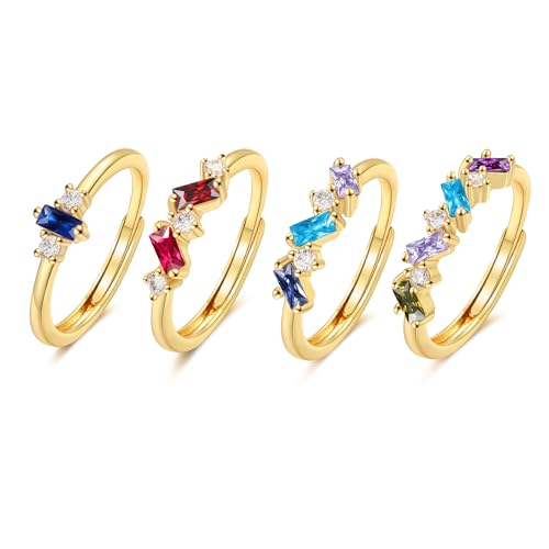 Personalized Birthstone Ring for Mom, 1–4 Baguette Birthstones Adjustable Ring, Minimalist Family Ring, Mother’s Day Gift for Mom Wife Grandma - color: 4 stones