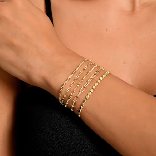 Dainty Gold Bracelets for Women, 14K Gold Plated Stackable Bracelet Set, Adjustable Beaded Cuban Paperclip Herringbone Figaro Snake Rope Chain Jewelry - style: Set2 Gold 5Pcs