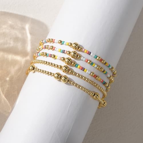 14K Gold Plated Beaded Bracelets Stack Set for Women,Stretch Boho Colorful Beads Ball Jewelry Friendship Summer Trendy - color: Colorful Pink