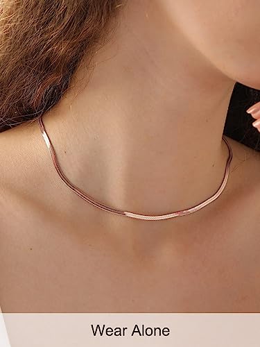 FOCALOOK 14K Gold Plated Necklaces for Women, Fashion Herringbone Choker Necklace Stainless Steel Flat Snake Chain 3/5MM(W) 12.5"/15"/18"+3.5"(L) - color: 3MM-Rose Gold-15"