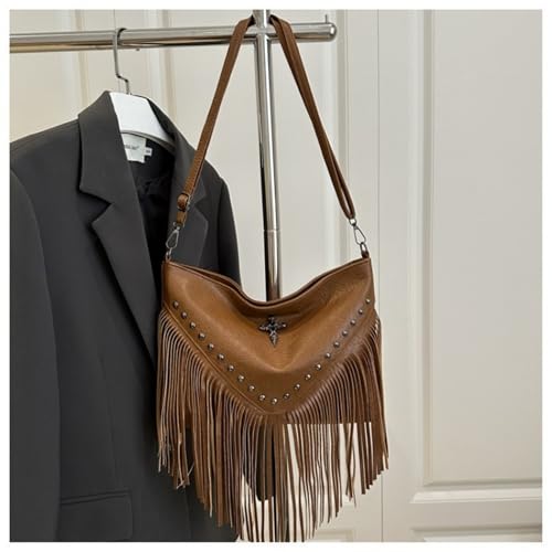 1PC Women's Fringe Rivet Crossbody Bag - Adjustable Strap Deep Brown Edgy Bag