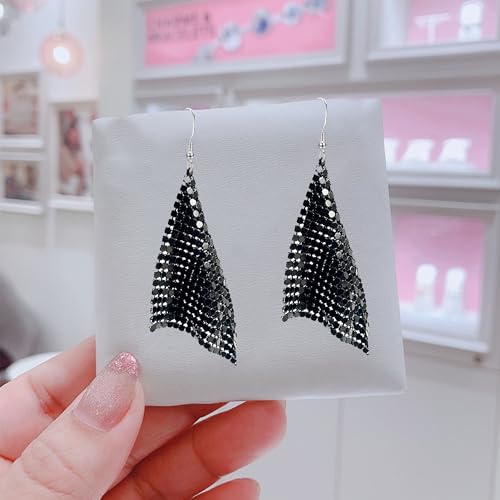 Sequin Earrings for Women Metal Mesh Grid Sequins Tassel Long Drop Dangle Earrings Trendy Charms Bridal Wedding Jewelry - color: Black