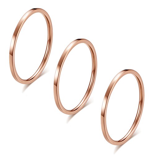 3pcs 1mm Stainless Steel Plain Band Knuckle Stacking Midi Rings for Women Comfort Fit - color: 3pcs Rose-gold (Flat)
