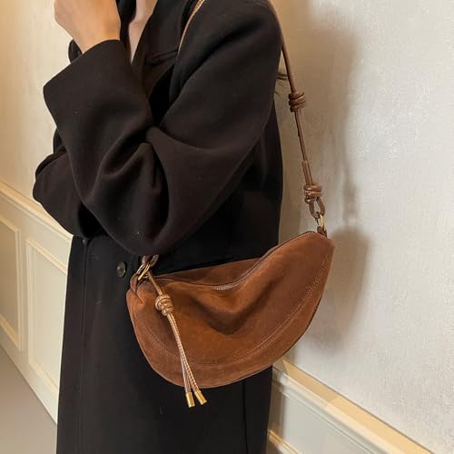 Suede Bags for Women Small Suede Purses Crescent Bag Crossbody Shoulder Bag Trendy Tote Handbags - color: B Suede Coffee