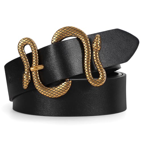 Women Leather Belt with Snake Buckle Fashion Women Belt for Jeans Pants Dresses - color: A-black, size: Fit Size 50"-54"