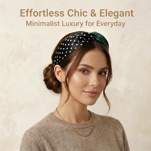 ZLYC Mulberry Silk Headband Elastic Twist Knotted Head Bands for Women's Hair, Polka Dots and Dark Green - color: Polka Dots and Dark Green
