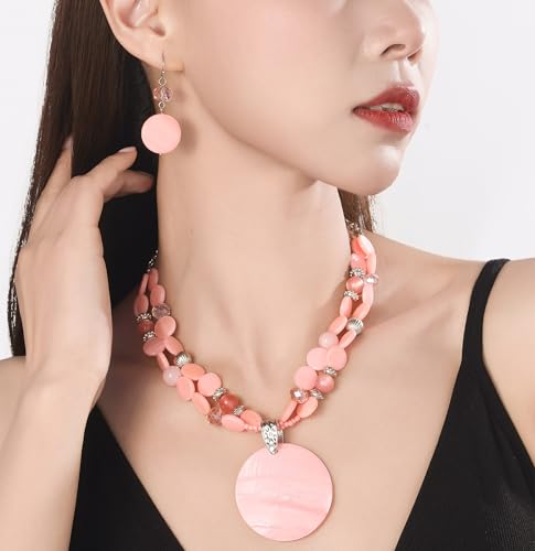 Layered Beads Statement Fashion Necklace Chunky Jewelry Set Big Colorful Glass Stone Circle Shell Pendant Choker Necklace and Earring Set for Women - color: peach