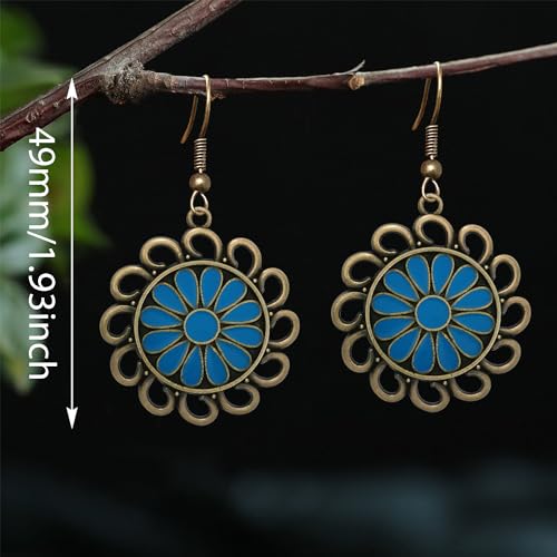 Bohemian Lightweight Vintage Copper Enamel Flower Hollow Dangle Drop Earrings Handmade Retro Circle Floral Hook Earrings For WomenJewelry Gifts - color: Blue