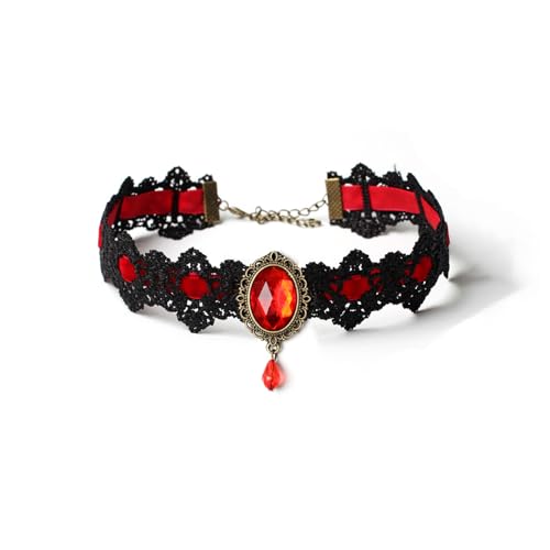 Gothic Vampire Choker Necklace for Women Adjustable Vintage Victorian Mystery Pirate Witchy Jewelry Emo Punk Black Lace Choker Costume - color: red