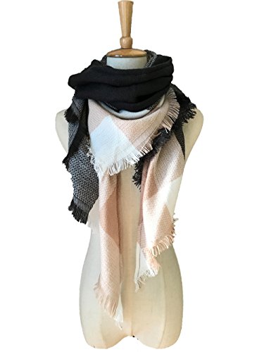 Wander Agio Womens Warm Long Shawl Winter Wraps Large Scarves Knit Cashmere Feel Plaid Triangle Scarf - color: Pink Grey 29