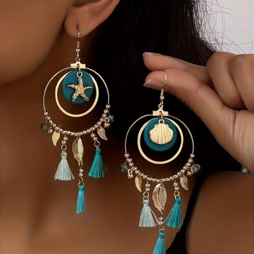 Ocean Starfish Shell Tassel Dangle Earrings for Women, Bohemian Blue Green Beach Sea Inspired Statement Dangle Boho Tropical Summer Vacation Jewelry Gift