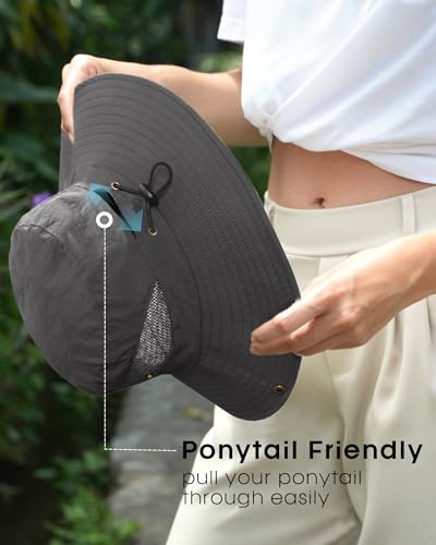 FURTALK Womens Sun Hat with Ponytail Hole Beach Hiking Summer Wide Brim UPF 50+ Outdoor Protection Foldable Bucket Hat - color: Dark Grey