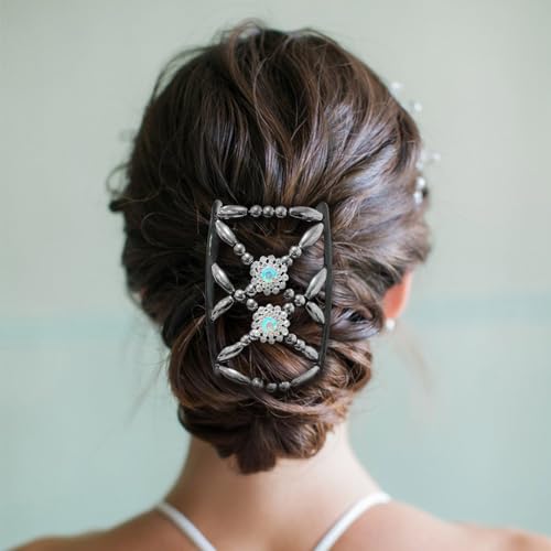 Quacc 2pcs Magic Bead Hair Combs Stretch Beaded Hair Combs Double Sided Clips Hair Comb for Women Girls DIY Hairstyling Hair Accessories (Black and White)
