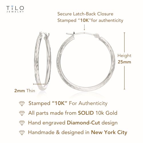 10K White Gold Hand Engraved Full Diamond-cut Round Hoop Earrings, Secure Latch Back Closure - style: 25mm
