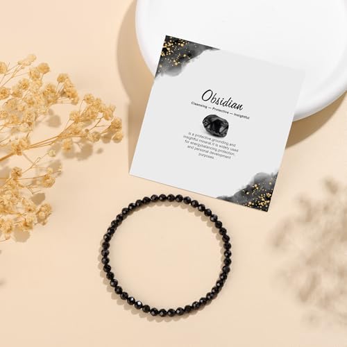 Natural Gemstone Beads Bracelets Healing Crystal Stone Beaded Bracelet for Women Men Handmade Spiritual Jewelry Gifts - color: Obsidian, size: Faceted Round Beads