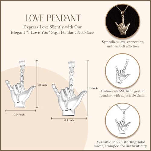 Claddagh Gold .925 Sterling Silver I Love You American Sign Language ASL Hand Sign Charm Pendant Necklace (S/L) | Choice of Pendant Only or Chain Length - size: Pendant With 22" Chain, style: Large