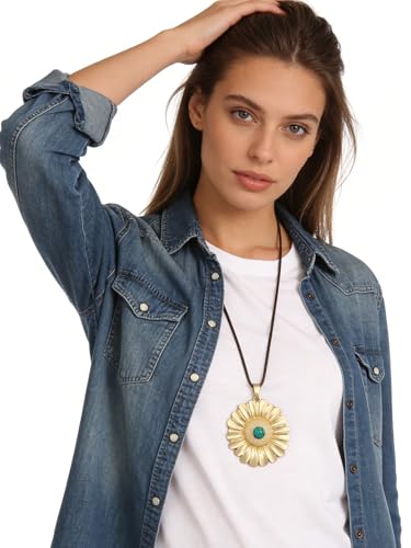 Leather Necklace for Women Long Boho Necklace Bohemian Choker Vintage Necklace Braided Boho Jewelry with Adjustable Brown Leather Cord - color: Boho Round Pendant Necklace